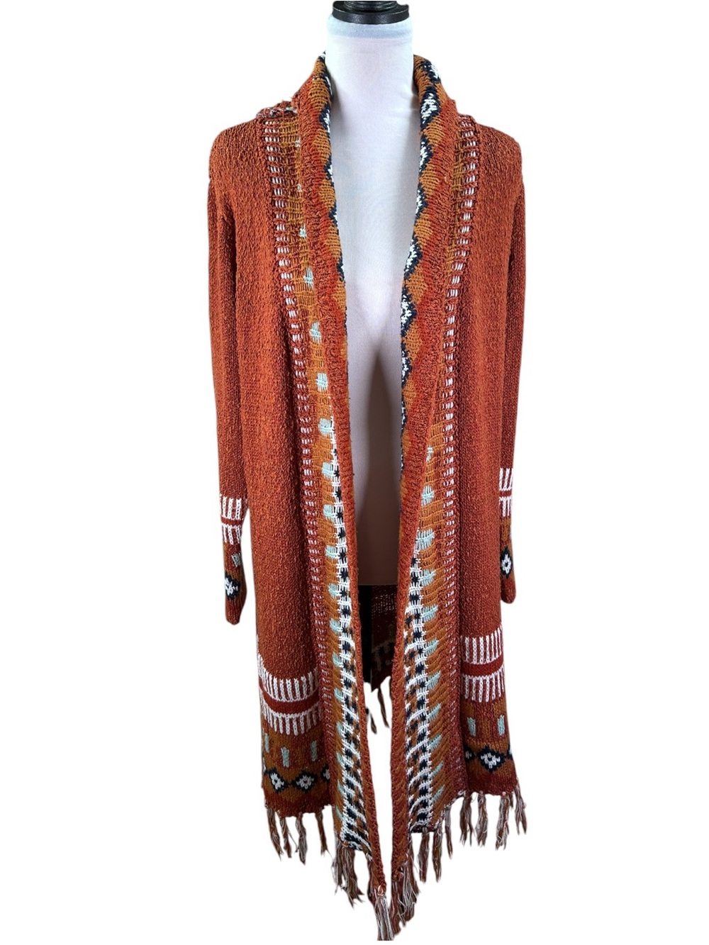 R&R Collection Southwestern Aztec Fringe Duster Cardigan L/XL Rust Boho Western